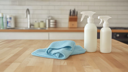 A clean kitchen countertop featuring white spray bottles and a blue microfiber cloth, ideal for showcasing effective cleaning products in a bright modern home setting.の素材
