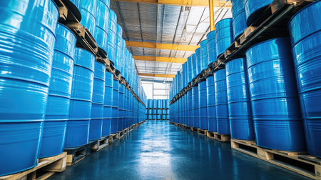 Brightly lit warehouse interior featuring neatly stacked blue storage drums on wooden pallets, showcasing an organized industrial space for efficient material handling and storage operations.の素材