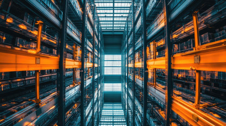 Explore a striking interior view of a high-tech warehouse featuring automated storage systems and dynamic lighting, showcasing efficiency and modern industrial design.の素材