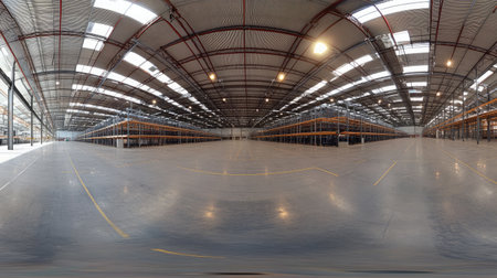 Bright and expansive warehouse interior featuring high ceilings and industrial shelving, perfect for storage and efficient logistics operations in a commercial setting.の素材