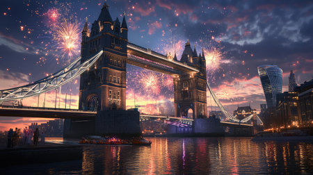 A breathtaking view of Tower Bridge lit up by fireworks during a joyous New Yearの素材