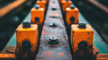 A detailed close-up image showcasing rusted metal equipment with orange components. This photograph highlights the texture and weathering of industrial machinery.の素材