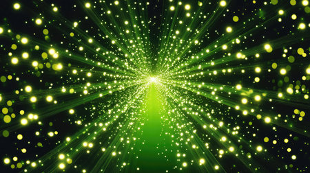 A vibrant and dynamic abstract background showcasing a radiant green burst of light filled with sparkling particles, perfect for design projects and creative content.の素材