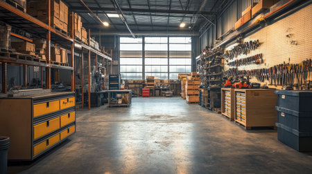 Bright and spacious industrial workshop featuring organized tools and equipment. Perfect for creative projects and crafting activities in a dynamic workspace setting.の素材