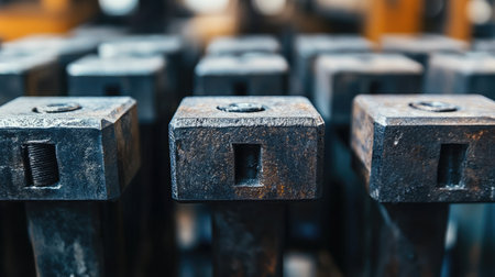 A detailed close-up view of industrial steel fasteners with square heads arranged in neat rows, showcasing their robust design and texture on a metallic surface.の素材