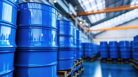 This image showcases rows of blue barrels neatly stored in a clean warehouse, illuminated by natural light, ideal for themes like industrial storage, logistics, and manufacturing facilities.の素材