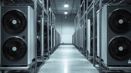 A spacious industrial storage facility showcasing an array of large commercial cooling units, highlighting modern infrastructure and efficient design for optimum airflow and temperature control.の素材