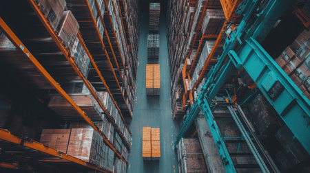 This aerial view captures a modern warehouse with tall shelves filled with pallets, emphasizing organization and efficiency in logistics operations and inventory management.の素材