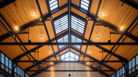 Explore the brilliance of modern architectural design with this image showcasing exposed wooden beams and large windows, creating a warm and inviting atmosphere in an open space.の素材