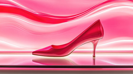 Elegant red high heel shoe stands on a sleek surface, highlighted by a vibrant pink backdrop with soft waves, perfect for showcasing contemporary fashion aesthetics.の素材