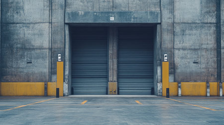 A minimalist image of an industrial warehouse exterior featuring gray concrete walls, roll-up doors, and marked lines on the empty loading area, creating a modern urban ambiance.の素材