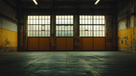 A spacious industrial warehouse interior showcasing large windows that invite natural light, perfect for creative projects and urban-themed photography in a gritty aesthetic.の素材