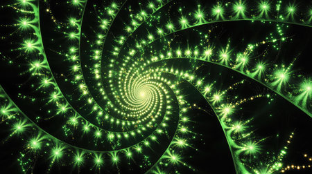 A captivating green spiral pattern filled with glowing lights creates a dynamic and vibrant visual experience, perfect for abstract backgrounds or artistic designs.の素材