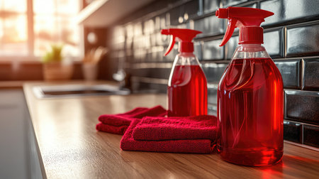 Two bright red spray bottles of cleaning solution sit on a wooden kitchen counter alongside red microfiber cloths, with warm natural light enhancing the inviting atmosphere.の素材