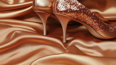 Discover stunning high heeled shoes featuring a glittering design, showcased on luxurious golden fabric for stylish and elegant fashion presentations or promotional materials.の素材