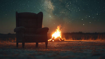 A serene image of a cozy armchair placed next to a warm campfire under a breathtaking starry sky, offering a perfect setting for relaxation and contemplation in nature.の素材