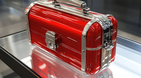 A striking red makeup case with silver accents sits elegantly on display, showcasing a polished design that reflects light beautifully in any setting.の素材