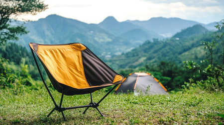 A cozy camp chair captures the essence of outdoor adventure with a stunning mountain backdrop. Perfect for relaxation amidst nature's beauty.の素材