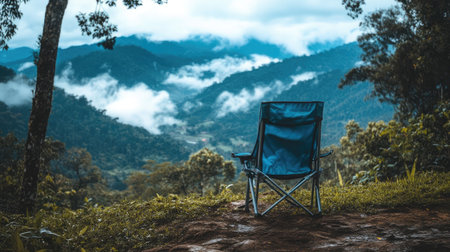 A beautiful view featuring a single folding chair placed in a peaceful outdoor setting, surrounded by lush mountains and misty clouds, inviting tranquility and relaxation.の素材