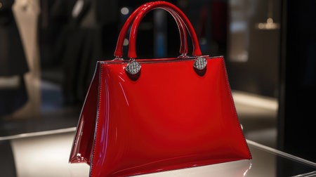 A stunning red handbag with a glossy finish showcased elegantly in a boutique, representing luxury fashion and craftsmanship. Perfect for style enthusiasts.の素材