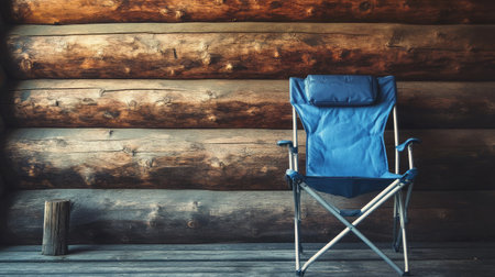 A solitary blue folding chair rests on a wooden deck, complemented by a rustic log wall. This scene evokes tranquility, ideal for outdoor leisure and relaxation moments.の素材