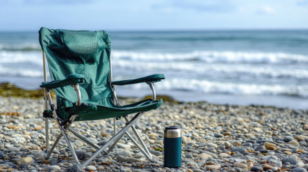 A tranquil beach scene featuring a comfortable chair set on colorful pebbles next to the inviting ocean waves, perfect for relaxation and peaceful moments by the shore.の素材