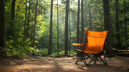A vibrant orange camping chair positioned in a beautiful green forest, surrounded by trees and soft sunlight, inviting relaxation and connection with nature.の素材