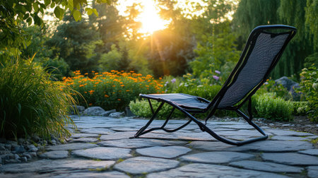 A peaceful outdoor scene featuring a black lounge chair placed on a stone path, surrounded by a vibrant garden at sunset, perfect for relaxation and enjoying nature's beauty.の素材