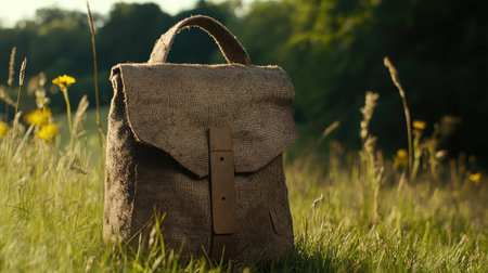 A rustic vintage backpack crafted from natural materials rests on vibrant grass in a sunlit field, surrounded by wildflowers, embodying a serene outdoor lifestyle.の素材