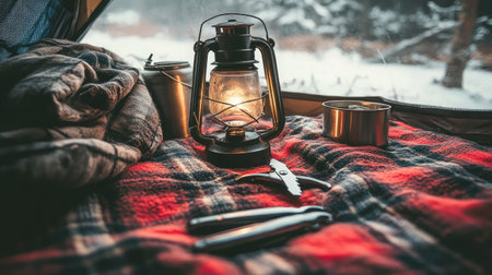 A cozy camping scene featuring a vintage lantern on a plaid blanket. This serene setting evokes warmth and tranquility, perfect for outdoor enthusiasts or nature lovers.の素材