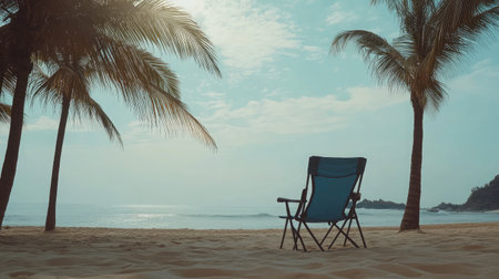 A tranquil beach scene featuring a blue lounge chair set amidst palm trees, with gentle waves lapping at the shore and a soft, inviting sky, perfect for relaxation.の素材