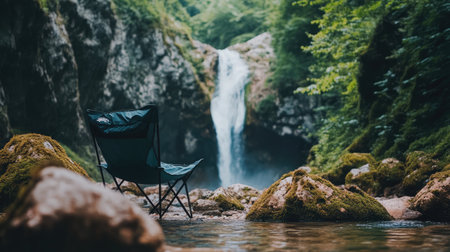 Enjoy a peaceful moment by a stunning waterfall with a camping chair set against a backdrop of lush greenery and rocky formations, perfect for relaxation and adventure.の素材