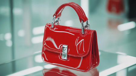 This elegant red handbag showcases a glossy finish and a sleek design, making it an ideal accessory for any outfit. Perfect for those who love chic fashion.の素材