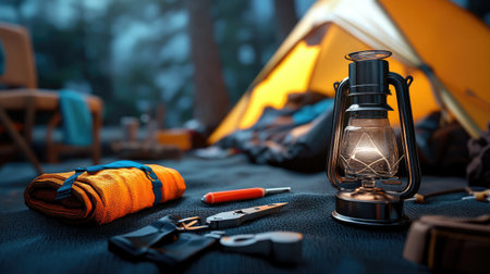 A serene camping setup showcasing a vintage lantern and essential gear in a forest setting, capturing the essence of outdoor adventures and cozy nights under the stars.の素材