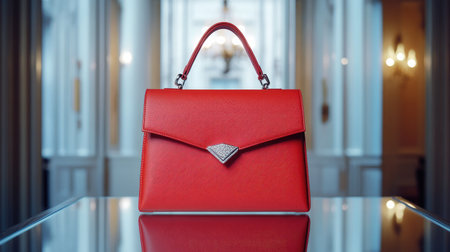 A stunning red handbag placed elegantly on a glass table, set against a beautifully lit luxurious interior, perfect for showcasing fashion and accessory designs.の素材