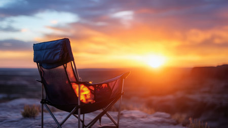 A captivating scene featuring a single camping chair set against a stunning sunset, showcasing a peaceful and serene landscape filled with warm colors and natural beauty.の素材