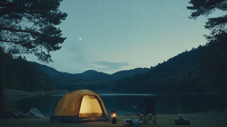 A picturesque camping scene by a calm lake showcases a cozy tent glowing in the night, surrounded by serene mountains and sparkling stars, creating a perfect escape into nature.の素材