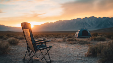 A peaceful camping scene featuring a chair positioned to enjoy the breathtaking sunset over the mountains, with a tent set up in the serene desert landscape.の素材
