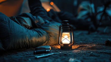 A beautifully lit camping scene featuring a glowing lantern beside essential tools, evoking a sense of warmth and adventure in the tranquil night wilderness.の素材