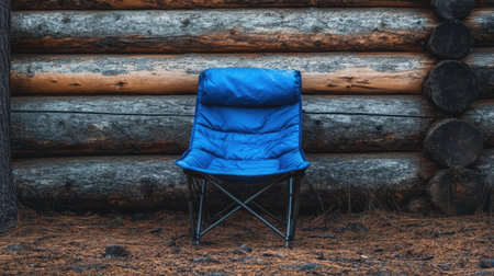 A vibrant blue outdoor chair situated in front of a rustic log wall, blending comfort and style for relaxation in nature, ideal for camping or leisure activities.の素材