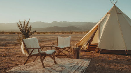 A serene camping setup in the desert features a tent, two chairs, and a wooden stump, creating a peaceful escape in natureの素材
