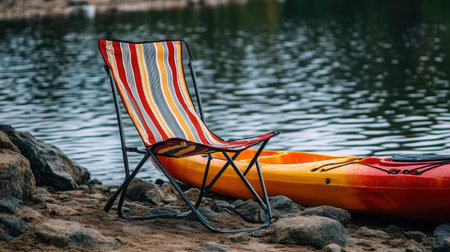 A vibrant folding chair rests by the water's edge next to a kayak, creating an inviting atmosphere for relaxation and outdoor adventure amidst serene surroundings.の素材