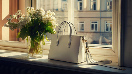 A stylish white handbag rests on a windowsill beside a fresh floral arrangement, beautifully lit by morning sunlight, enhancing a cozy and elegant ambiance.の素材