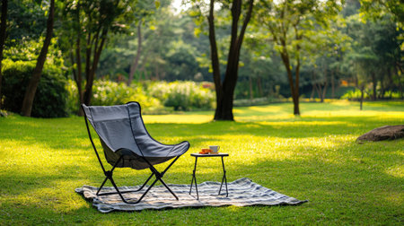 A tranquil outdoor scene featuring a comfortable chair and a small table with a refreshing drink, perfect for relaxation amidst lush greenery and warm sunlight.の素材