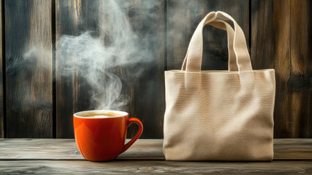 A steaming cup of coffee sits next to a stylish handbag on a rustic wooden table, creating an inviting atmosphere perfect for cozy moments or casual gatherings.の素材