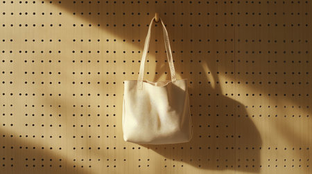 A minimalist tote bag gracefully hangs on a pegboard, casting soft shadows. This stylish accessory blends simplicity and functionality, perfect for everyday use and organization.の素材