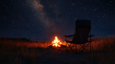 A captivating night scene showcasing a glowing campfire with a lone chair nearby under a star-filled sky, embodying tranquility and the beauty of nature in the wilderness.の素材