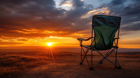 A peaceful scene featuring a lone camping chair facing a stunning sunset over a vast landscape. The sky is filled with dramatic clouds, creating a serene atmosphere perfect for relaxation.の素材