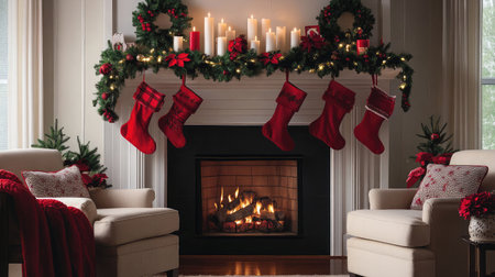Experience the warmth of the holiday season with this cozy living room featuring a traditional fireplace, festive stockings, and beautiful Christmas decorations for a cheerful ambiance.の素材