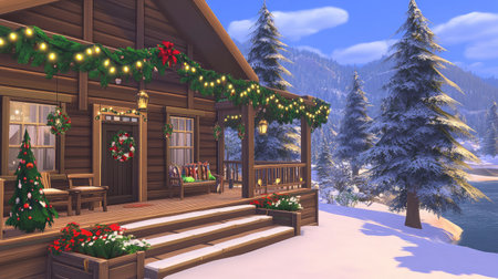 A picturesque winter cabin adorned with festive decorations, nestled amidst snowy trees. This cozy scene evokes holiday spirit and tranquility in a serene outdoor setting.の素材